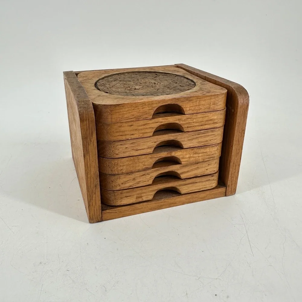 Vintage Mid Century Modern Wood and Cork Coaster Set with Caddy 6 Piece Brown